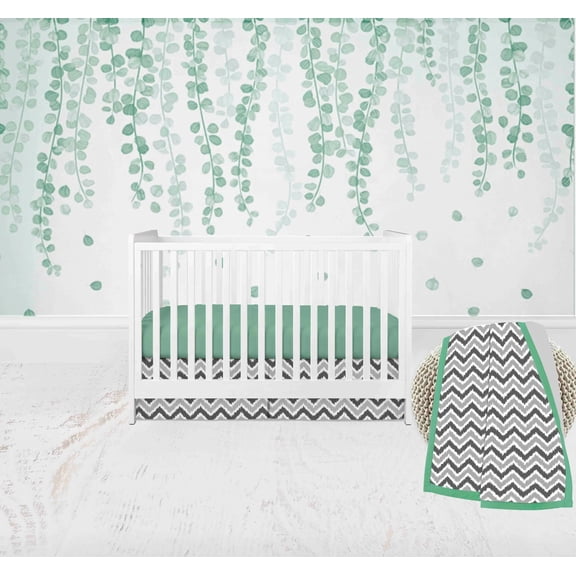 Bacati - Ikat Dots Chevrons 3-Piece Crib Bedding Set - Mint Grey Unisex