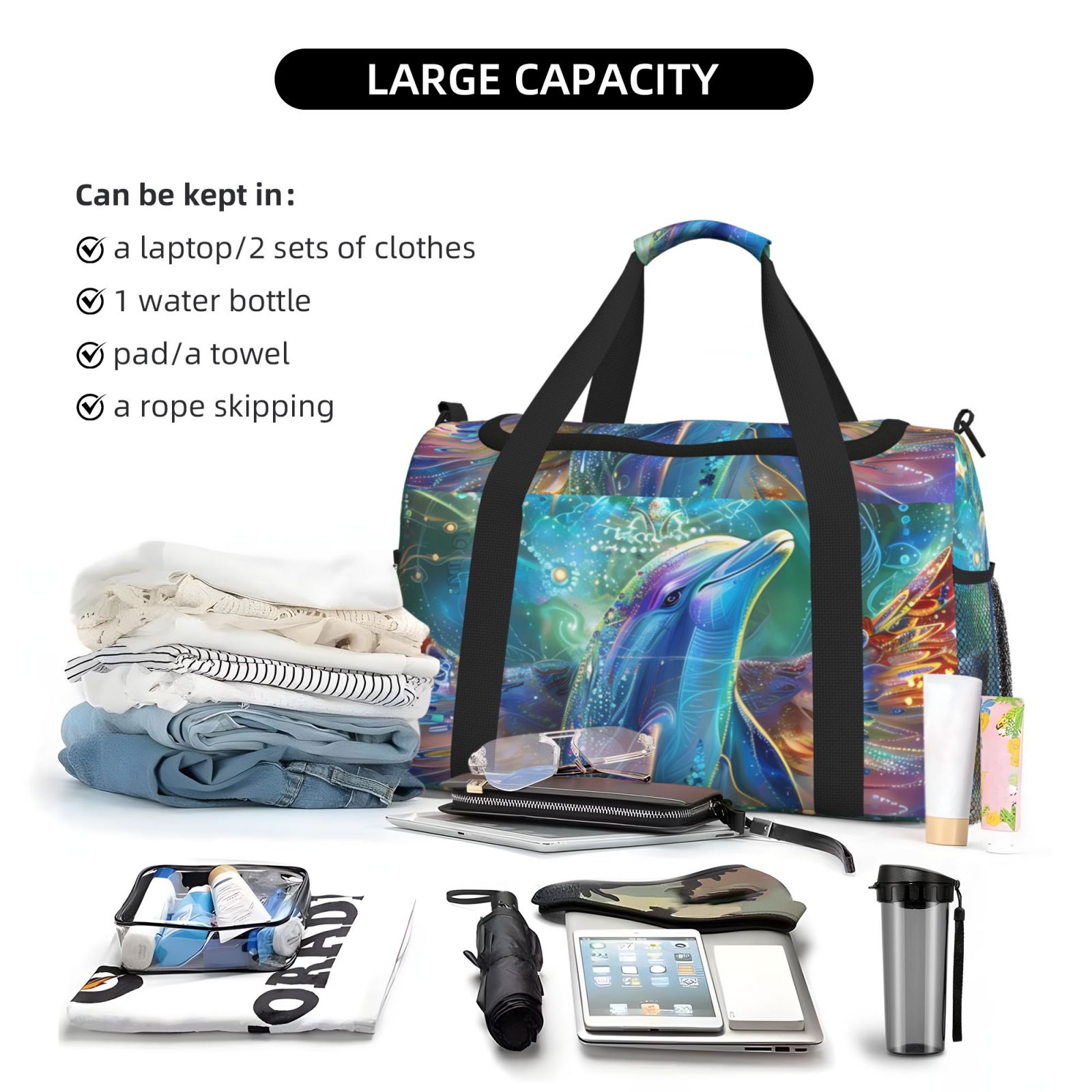 Defioc Colorful Winged Dolphin Print Hand Travel Bag - Foldable Travel Duffel Bags for Men Women -Sport Gym Bag - Overnight Travel Duffel Bag - Adjustable Shoulder Strap
