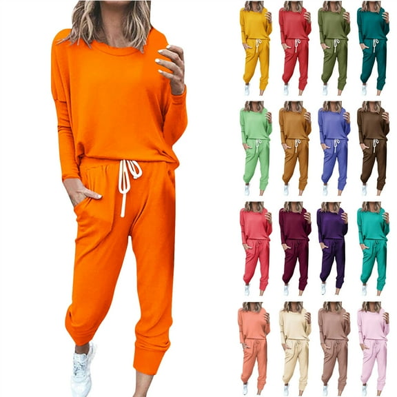 JURANMO Womens Sweatsuit Sets Long Sleeve Crew Neck Pullover Tops High Waist Drawstring Joggers Pants Tracksuits 2 Piece Outfits Watermelon Red XL Lightening Sale