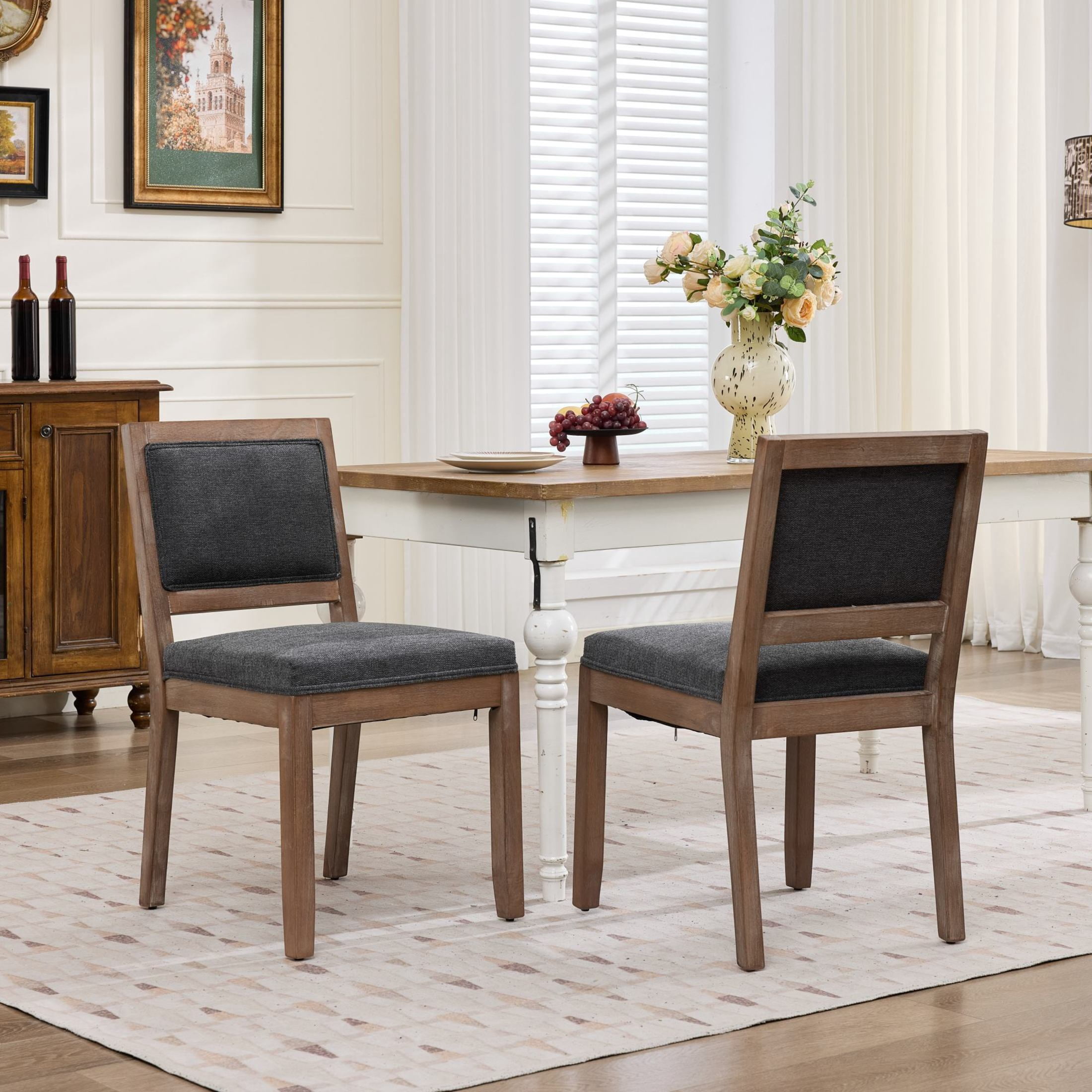GDF Studio 22" Farmhouse Dining Chairs Set of 2 with Padded Fabric Upholstery, Solid Rubberwood Frame, Gray