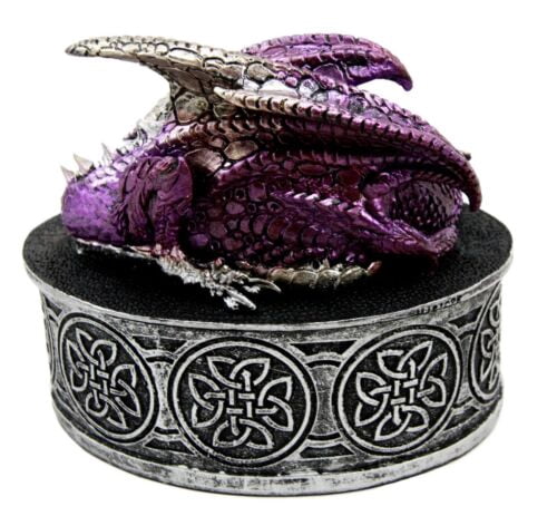 Sleeping Purple Dragon Oval Trinket Jewelry Box Figurine With Celtic Knotwork