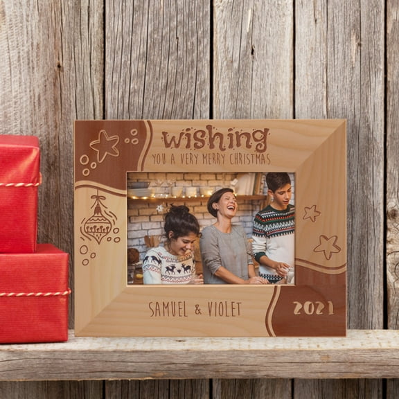 Wishing You A Very Merry Christmas Personalized Wooden Frame-5" x 3 1/2" Brown Horizontal