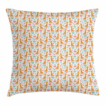 Giraffe Pastel - Giraffe Throw Pillow Cushion Cover, Lovely Cartoon Giraffe Characters with Pastel Colored Hearts Childish and Romantic, Decorative Square Accent Pillow Case, 18 X 18 Inches, Multicolor, by Ambesonne