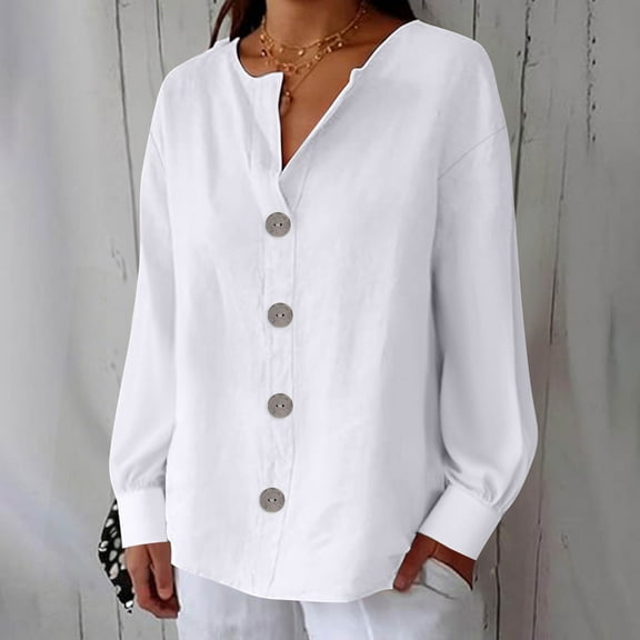 Njagoc3 Women's V-Neck Button-Front Oversized Long Sleeve Top - Everyday Casual Wear,White,L