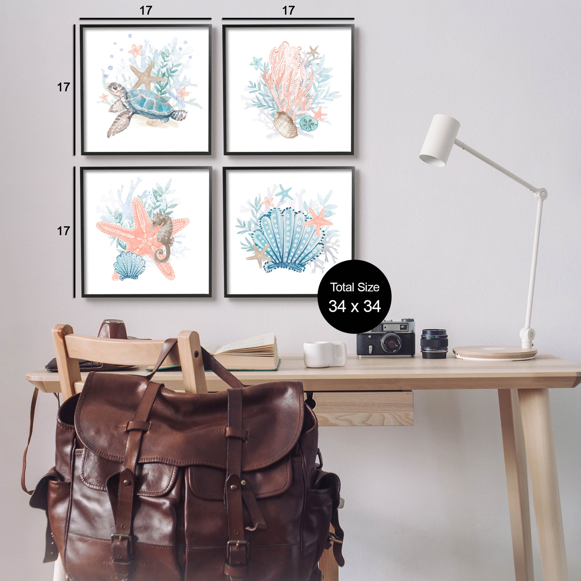 Various Sea Life Nautical Coral Reef Animals & Insects Graphic Art Black Framed Art Print Wall Art, Set of 4