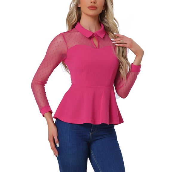 INSPIRE CHIC Women's Mesh Sheer Blouse Turn Down Collar Keyhole Ruffle Peplum Top Hot Pink XS
