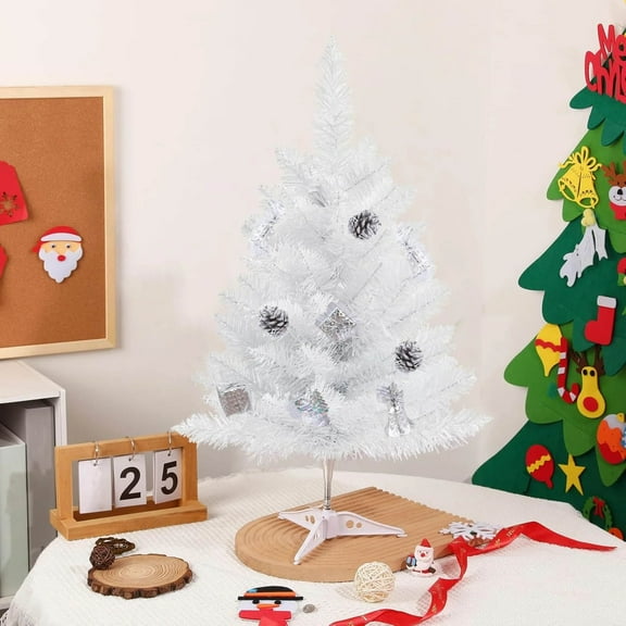 2FT Artificial Christmas Tree White Mini Tabletop Christmas Pine Tree with Plastic Stand Small Xmas Tree for Indoor Outdoor Holiday Home Decoration