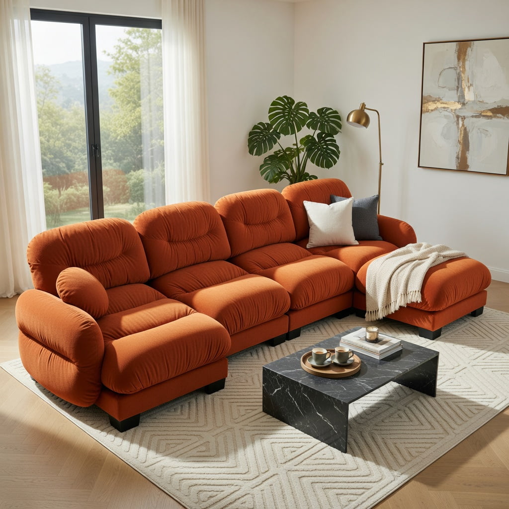 Hommoo Chenille 4-Piece L-Shaped Modular Sectional Sofa Set with Ottoman, Ergonomic High-Density Foam Cushions, Curved Armrests & 2 Throw Pillows, Pleated Back Design, Orange