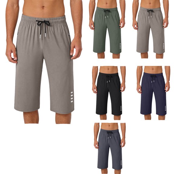 Lzobxe Mens Pants 3/4 Length Summer Casual Solid Color Drawstring Elastic Wide Leg Sweatpants with Pockets,Size L-5XL