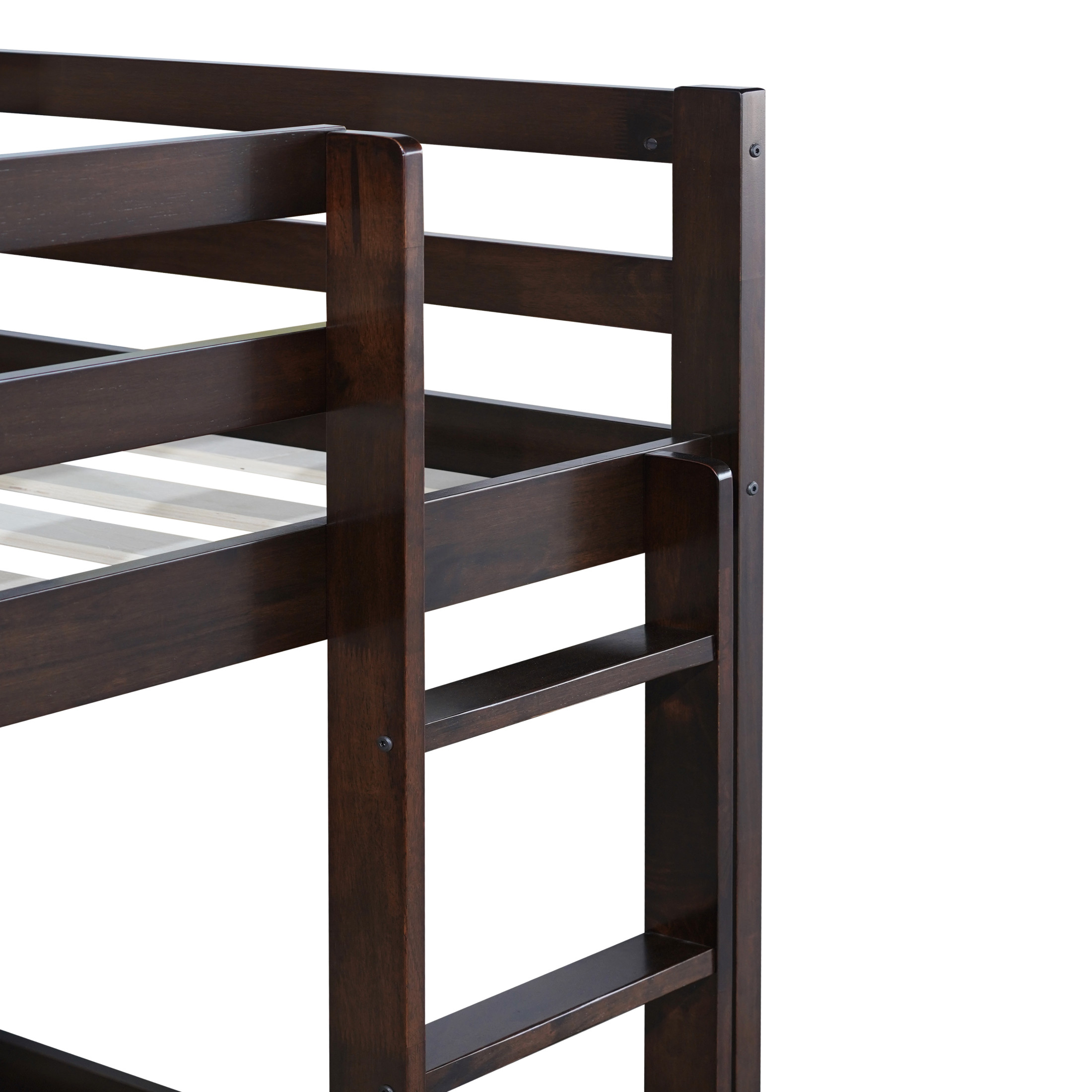 Noble House Jerome Twin Over Twin Floor Bunk Bed with Ladder, Solid Rubber Wood Frame with Strengthened Slats, Espresso