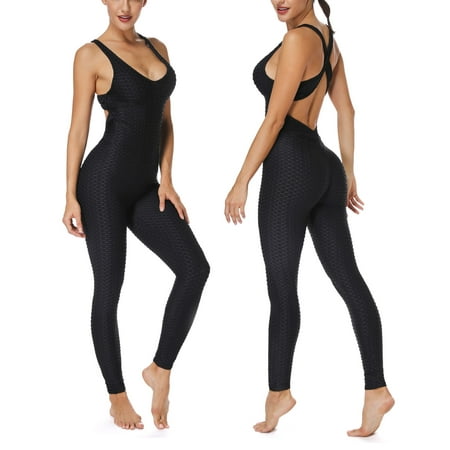 FITTOO Women Ruched Butt Lift Texture Bodysuit Yoga Fitness Backless Workout Overalls Pants Gym Scrunch Booty Butt
