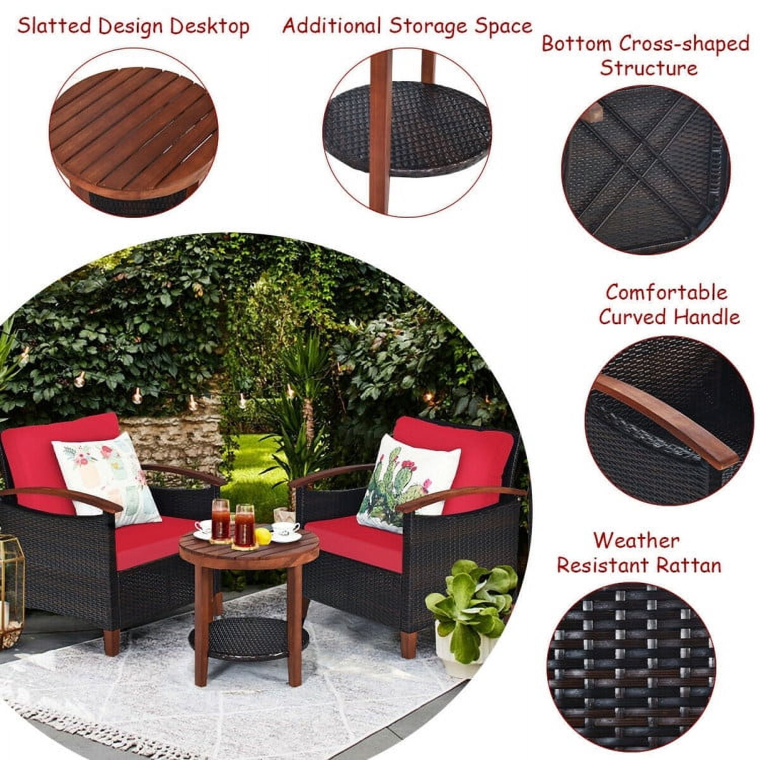 Aimee Lii 3 Pieces Patio Rattan Furniture Set with Washable Cushion and Acacia Wood Tabletop, Small Patio Set, A-Red Aimee Lii 3 Pieces Patio Rattan Furniture Set with Washable Cushion and Acacia Wood Tabletop, Small Patio Set, A-Red