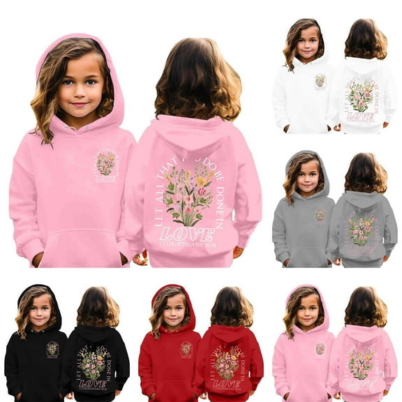 Gelikeya Pink Puff Graphic Preppy Hoodies Sweatshirts for Teen Girls Kids Floral Long Sleeve Cute Preppy Clothes Tops with Pockets 2-13Y (Black, 12-13 Years)