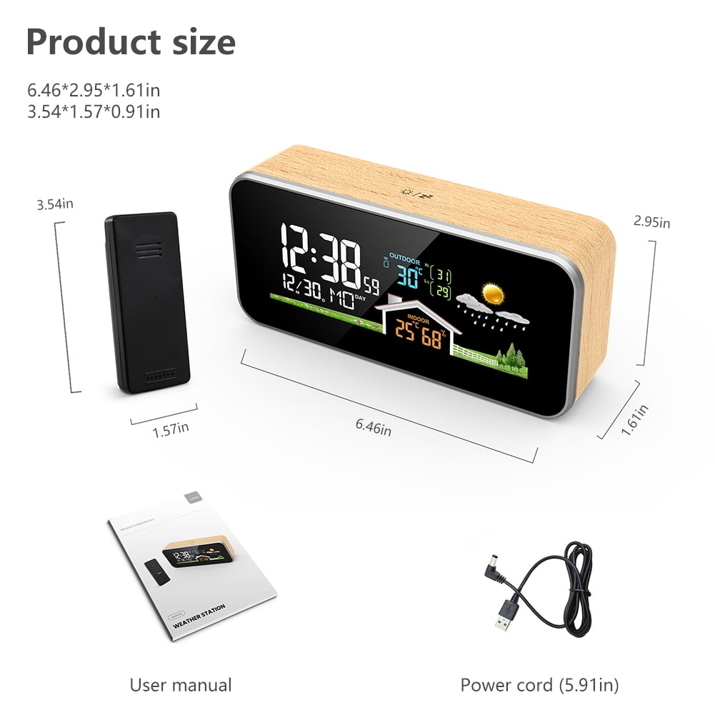 ITIGOITIE Solid Beech Wood Weather Station Alarm Clock with Wireless Outdoor Sensor, Temperature & Humidity Display, USB Powered