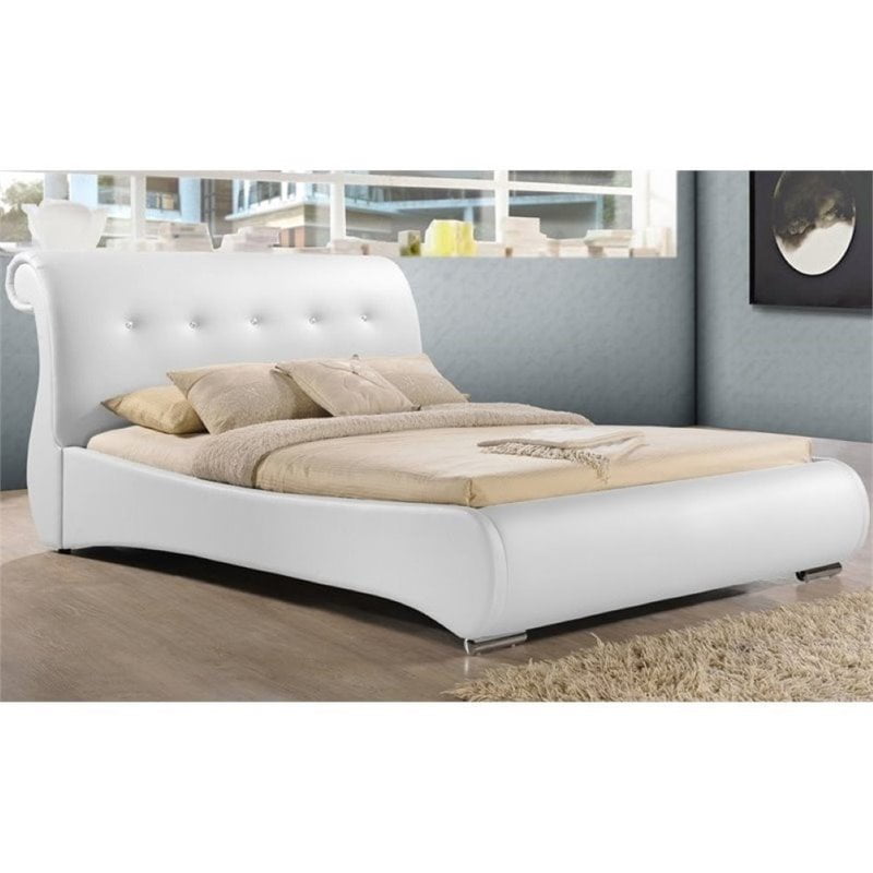 Atlin Designs Upholstered Queen Faux, White Leather Sleigh Bed
