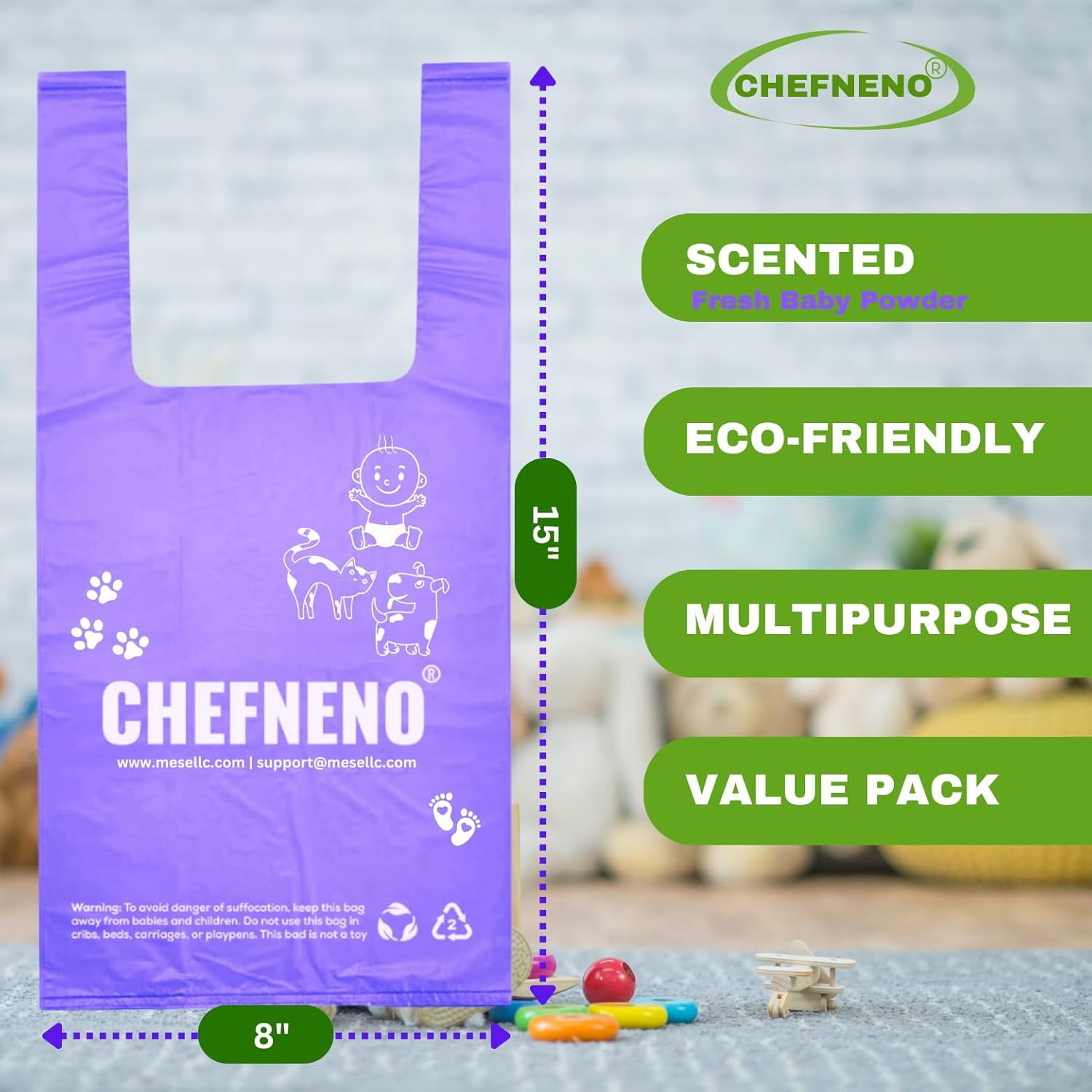 Disposable Baby Diaper Bags (500 Bags) Powder Scented Easy Tie Handles epi Diaper Disposable Sacks Dog Poop Bags Cat Litter Waste Bags ( Powder, 500 ct.)