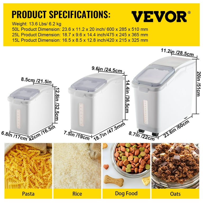 VEVORbrand Ingredient Bin, 6.6 Gallons Capacity Ingredient Storage Bin, 3  Pcs/Set, PP Material Flour Bins On Wheels, White Shelf with Scoop and