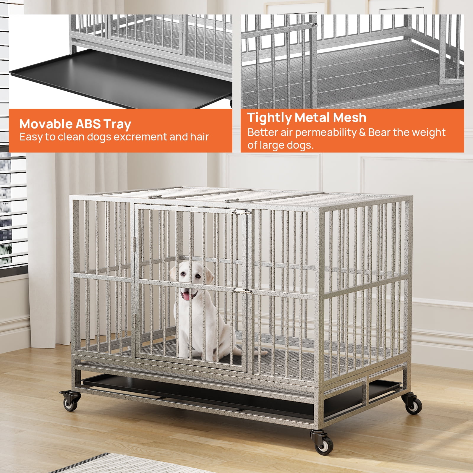Walnest (48in) Large Dog Crate Rustproof Sturdy Dog House silver Dog Crate with Double Doors For Small and Medium Dogs