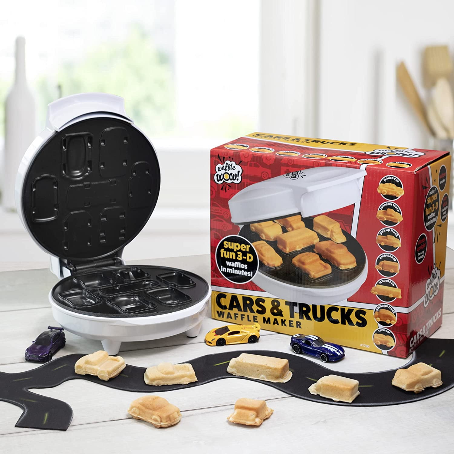 Waffle Wow Car Mini Waffle Maker- Make 7 Fun Different Race Cars, Trucks & Automobile Vehicle Shaped Pancakes for Kids, Adults- Electric Waffler Iron- Great for Breakfast Lovers