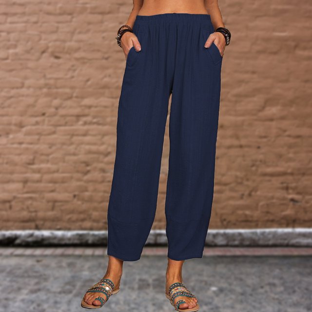 Pantalones Harlan Pantalones casuales de algodón de lino Ropa diaria de gran tamaño para mujer en forma de H (Azul XXL) Cgtredaw Para estrenar