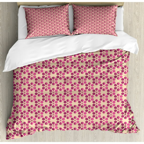 Abstract Duvet Cover Set Queen Size, Repetitive Pattern with Abstract Simple Flora Like Motif Unusual, Decorative 3 Piece Bedding Set with 2 Pillow Shams, Dark Magenta Pink, by Ambesonne