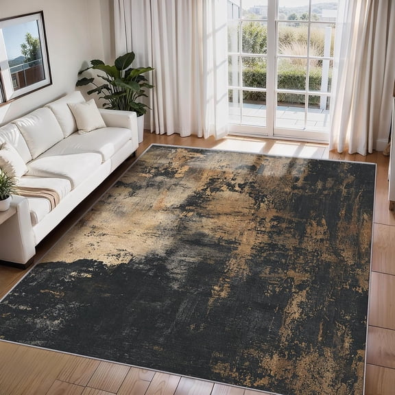 Modern Abstract Area Rugs, Black Tan Contemporary Carpet, Washable Non Slip Low Pile Soft Rug for Living Room Bedroom Home Office Decor Mat 2x3ft