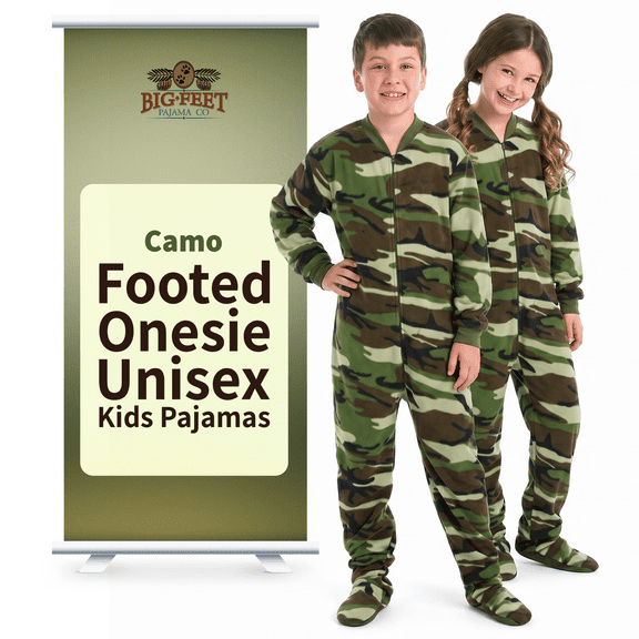 Big Feet PJs Kids Green Camo Fleece Footed Pajamas – One Piece Sleeper, Soft & Warm, Boys, Machine Washable