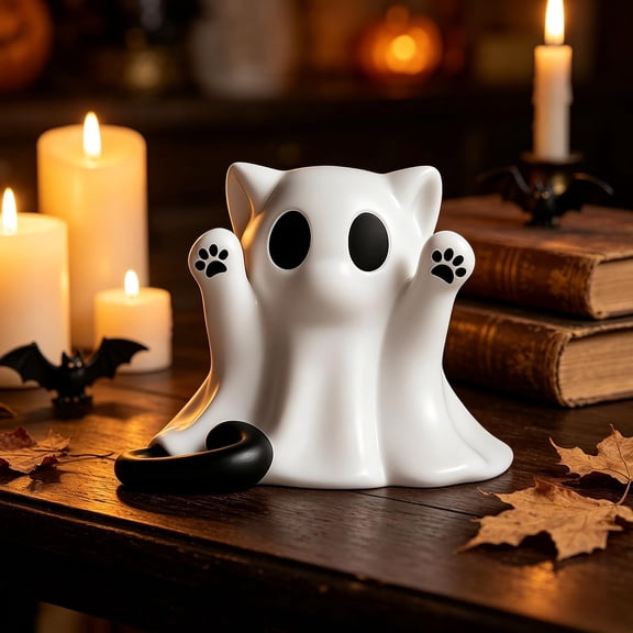 Cute Cat Ghost Figurine, Halloween Ghost Statue Decoration for Tabletop Shelf Home Decor, Spooky Cute Gift Decor for Tabletop Bookshelf Home Decor