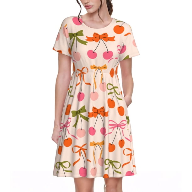 Easygdp Cherries And Bows para Vestido Transpirable de Mujer, Vestido Suelto de Manga Corta con Pliegues y Bolsillos para el Verano