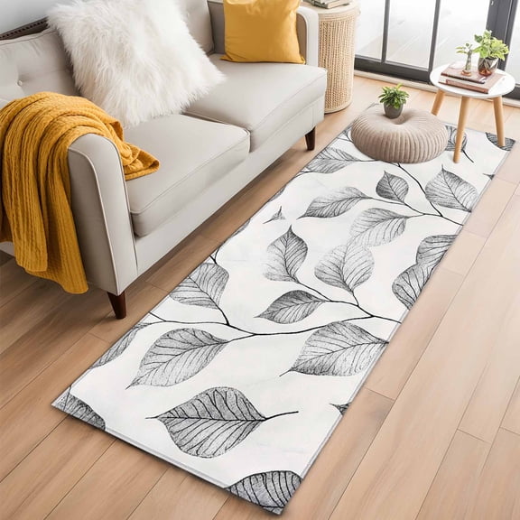 Silver Gray Leaves Kitchen Runner Rug 2x6 Washable Runners for Hallway Non Slip Retro Rustic Botanical Branches Large Area Rug Indoor Floor Carpet for Bathroom Laundry Entryway Bedroom Living Room