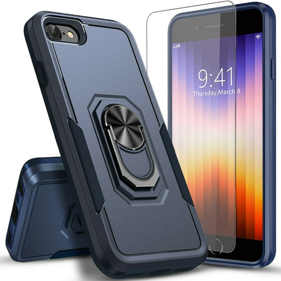 Circlemalls Case for iPhone SE 2022, Tempered Glass Screen Protector, Ring Stand Armor Cover Case-Blue