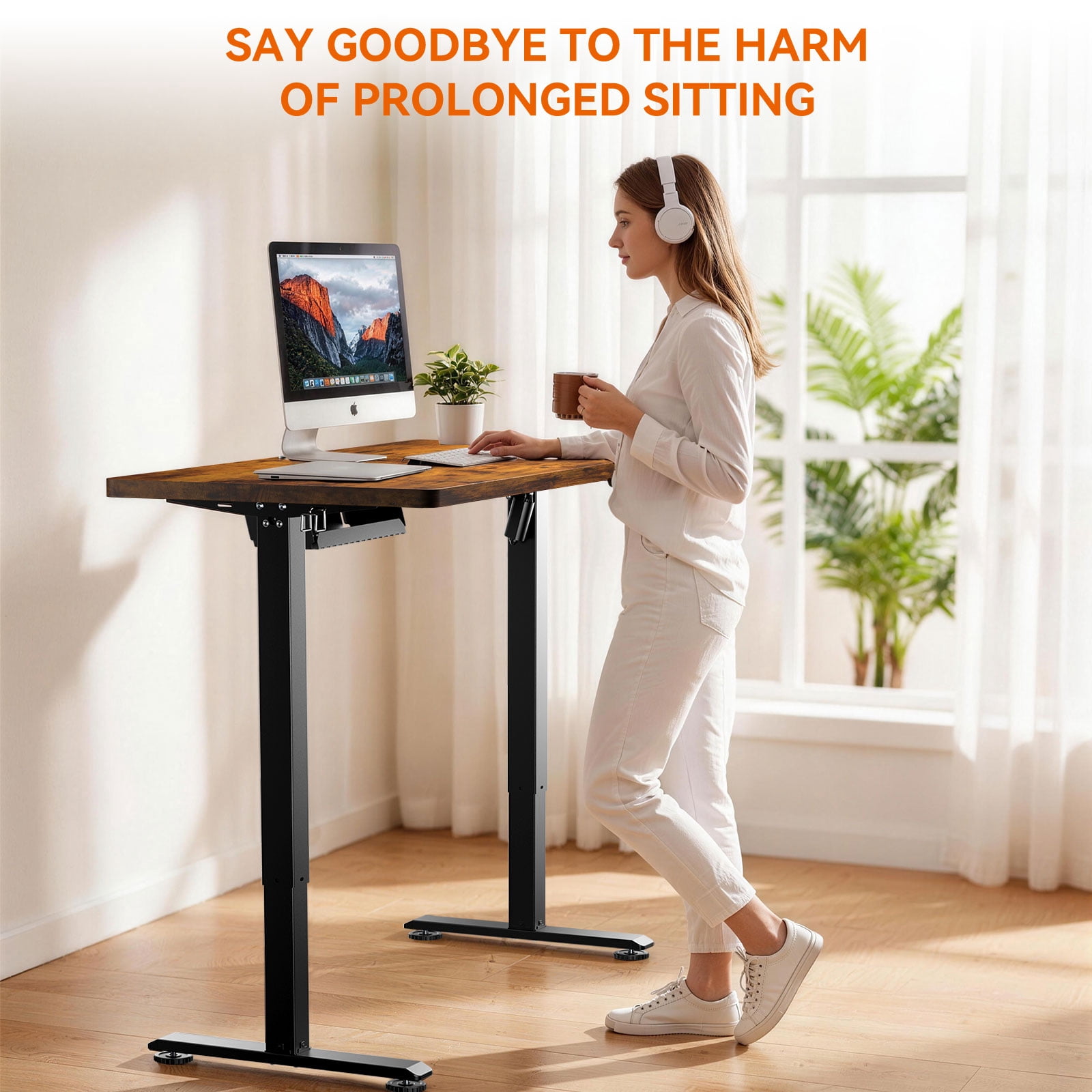 Height Adjustable Electric Standing Desk, 48×24 Inch Sit Stand Desk with 3 Memory Presets, Electric Height Adjustable Home Office Computer Desk, Cable Management Box, 2 Hooks and 5 Cable Ties, Brown
