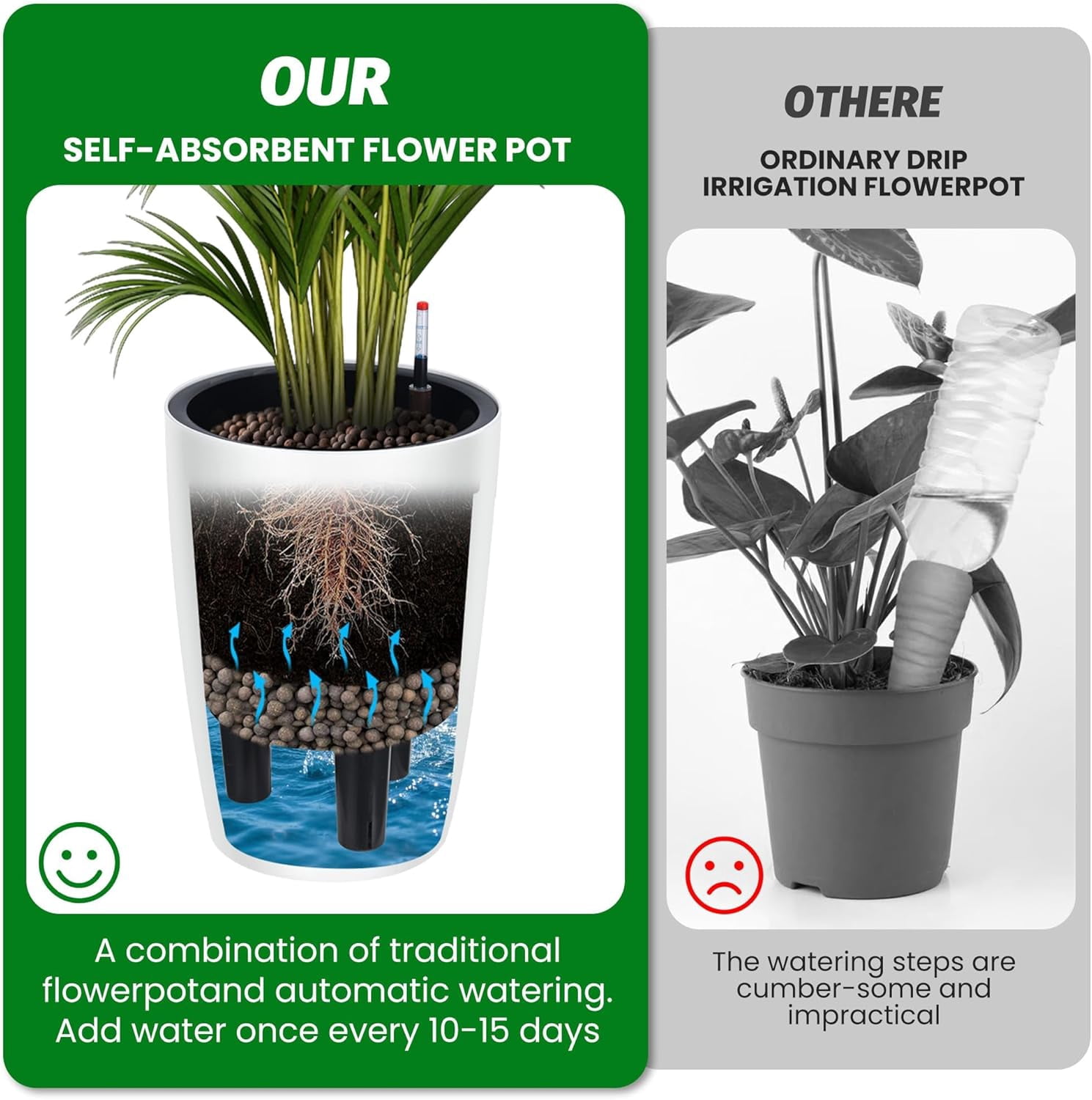 Memoryfield 16" Self-Watering Planter Set of 4 with Drainage & Water Level Indicator, Indoor Outdoor Plant Pots for Patio, Garden, Balcony, White