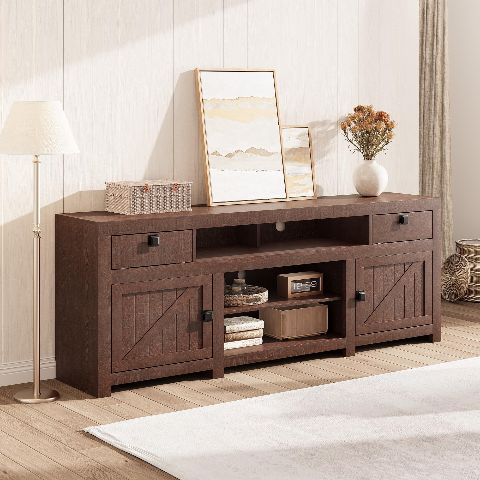70-Inch Farmhouse TV Stand for TVs Up to 80", Entertainment Center with 4 Storage Drawers & 3 Open Shelves for Living Room-Brown