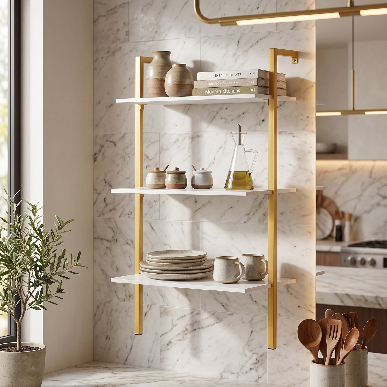 Furnibear 3-Tier Wall Mounted Floating Shelves, Modern Metal Ladder Bookshelf Wood Storage Display Shelving Unit for Kitchen Bathroom Living Room Home, Gold and White