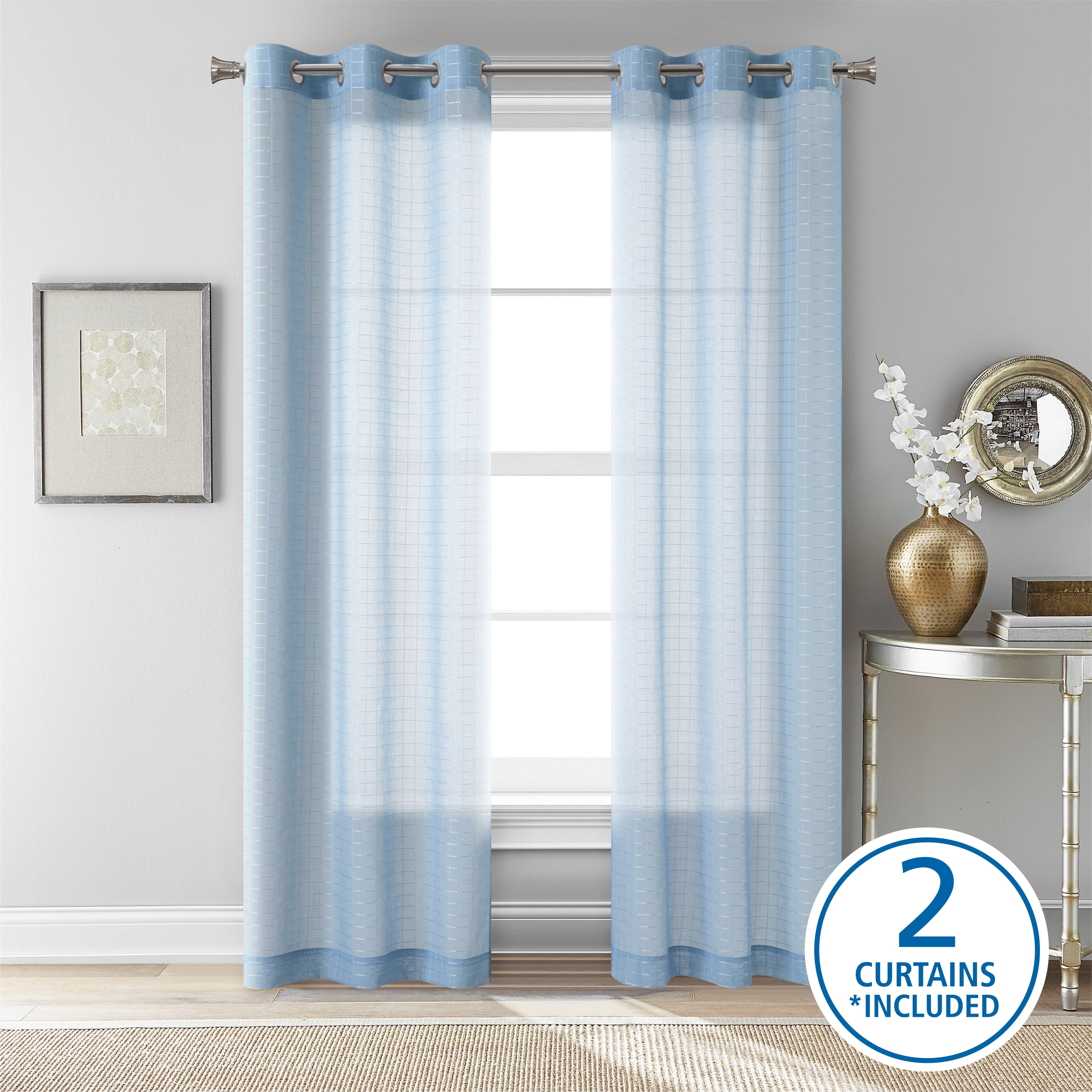 (2 pack) Mainstays Windowpane Sheer Curtain Panel Pair, Set of 2, Placid Blue, 38"W x 84"L
