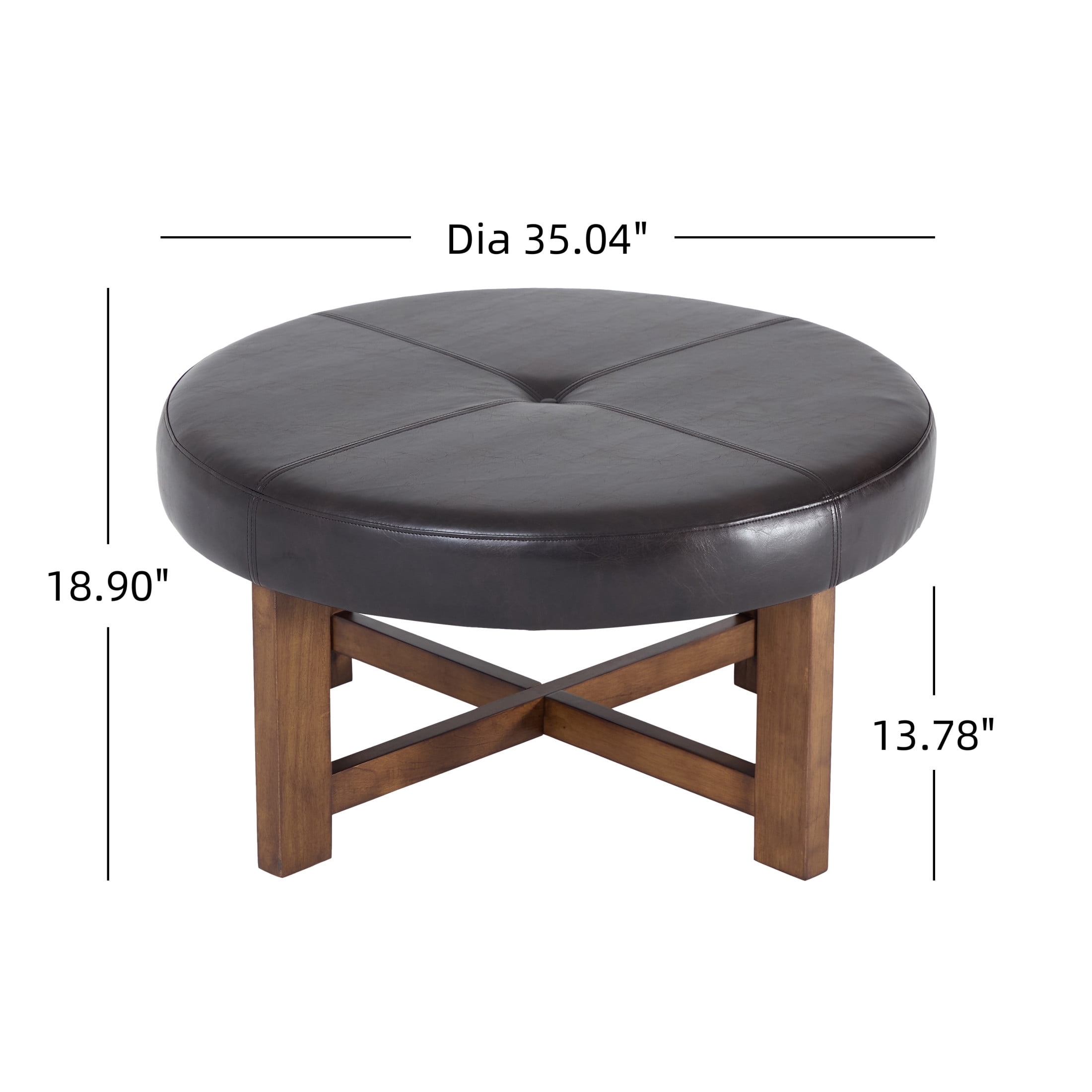 Christopher Knight Home 35" Round PU Leather Ottoman Coffee Table, Tufted Footrest with Wooden Base, Dark Brown