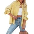 thumbnail image 1 of Chaqueta desgastada de gran tamaño, color amarillo, para mujer, talla XL, con mangas largas, botonadura sencilla, bolsillos y cuello vuelto, 1 of 8