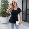 thumbnail image 4 of jinghuiyue Women’s Short Sleeve Chiffon Blouses Causal Dressy Pleated Tie Waist Work Office T Shirts Summer Solid Crew Neck Tops XXL, 4 of 8