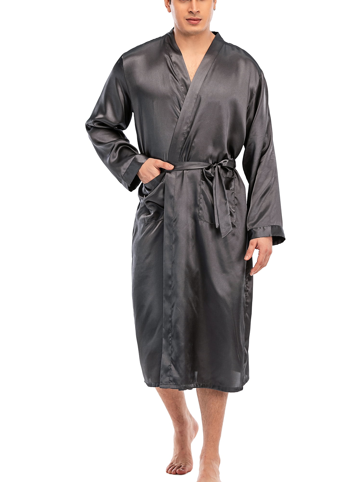 Men Satin Robe Silk Spa Bathrobe Belt Short Sleeve Lace Back Kimono Loungewear 