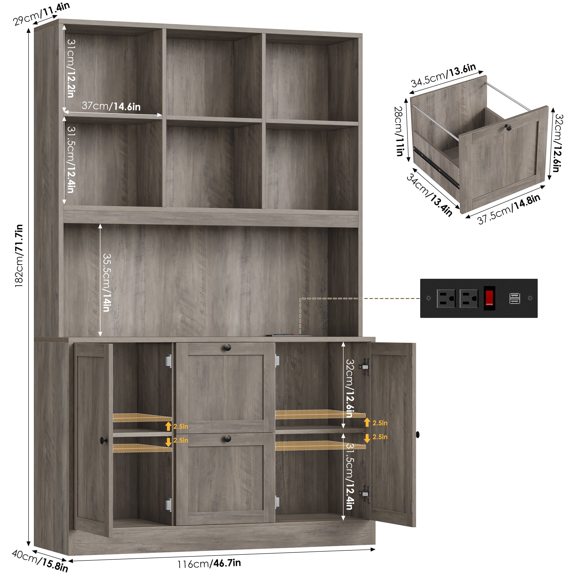 Homfa 71″ 6 Cubes Bookcases with 2 Storage Drawers and Charge Station, 3 Tier Bookshelf with Adjustable File Storage Cabinet for Living Room Home Office, Gray