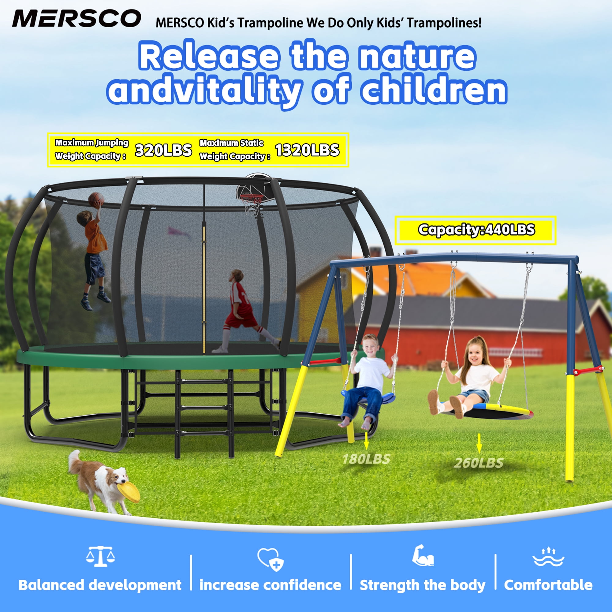 Mersco 14FT Heavy Duty Trampoline with Enclosure Net , Swing Set Outdoor Big Trampoline for Backyard, Kids Trampoline with Basketball Hoop,  Kids Birthday and Festival Gifts,Green