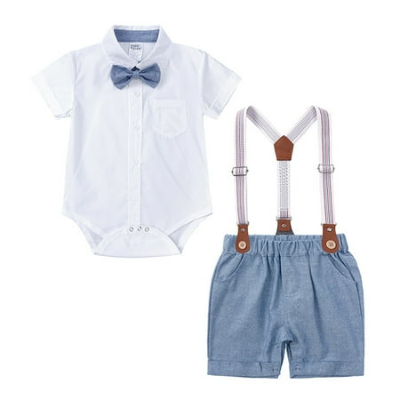 

Baby Boys Cotton Summer Gentlemen Outfits Short Sleeve Bowtie Romper Suspender Shorts Outfits Suit Set