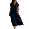 thumbnail image 1 of QIUOMBBP Robe Maxi en Lin pour Femmes à Manches Courtes, Col Rond, Design à Boutons, Longues Robes de Maison, Été, Ample, Décontractée, Respirante, Robe d'Été, Bleu Marine, TG, 1 of 1
