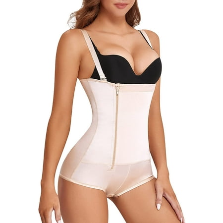 

Junlan Women Latex Waist Trainer Bodysuit Slim Full Body Zipper Shapewear Tummy Control Corset(Beige S)
