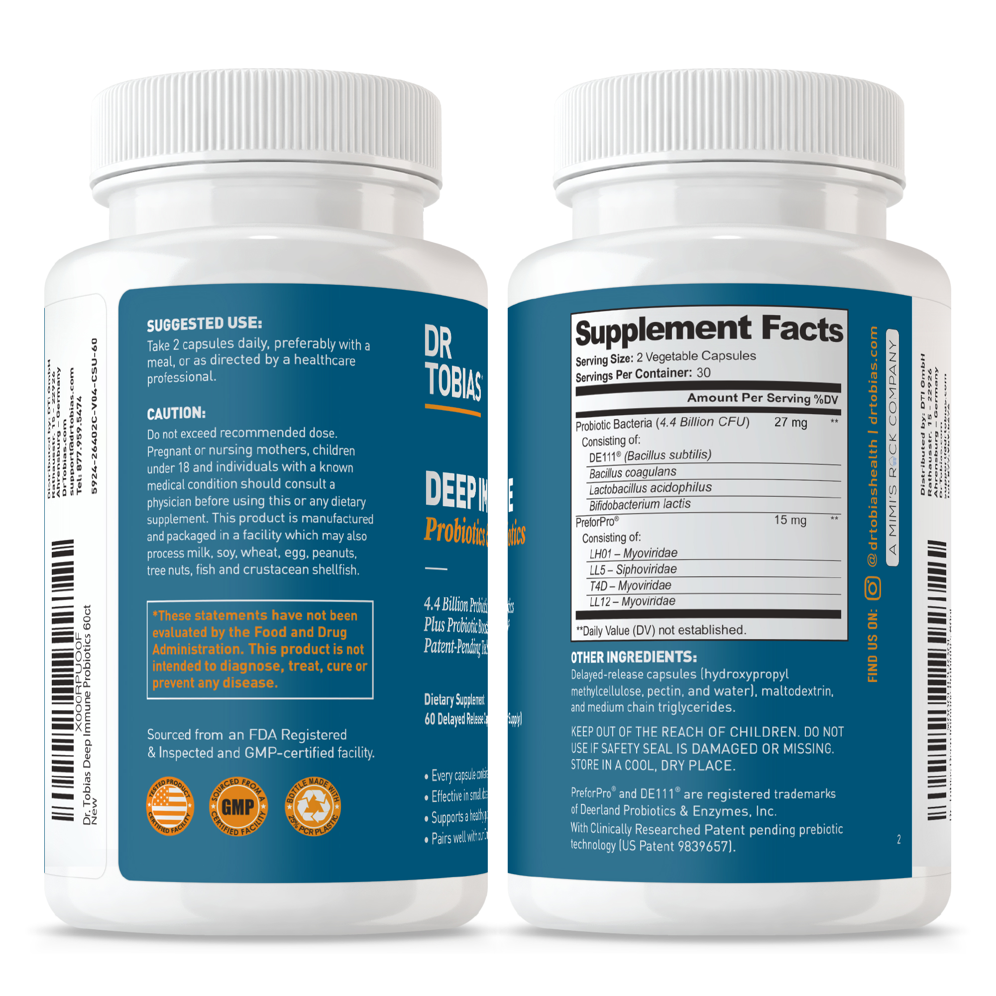 Dr. Tobias Deep Immune Probiotics & Prebiotics - Dual Action Digestion & Immune Support with PreforPro Prebiotics & Delayed Release Spore Forming Probiotics for Women & Men 60 Capsules 30 Servings