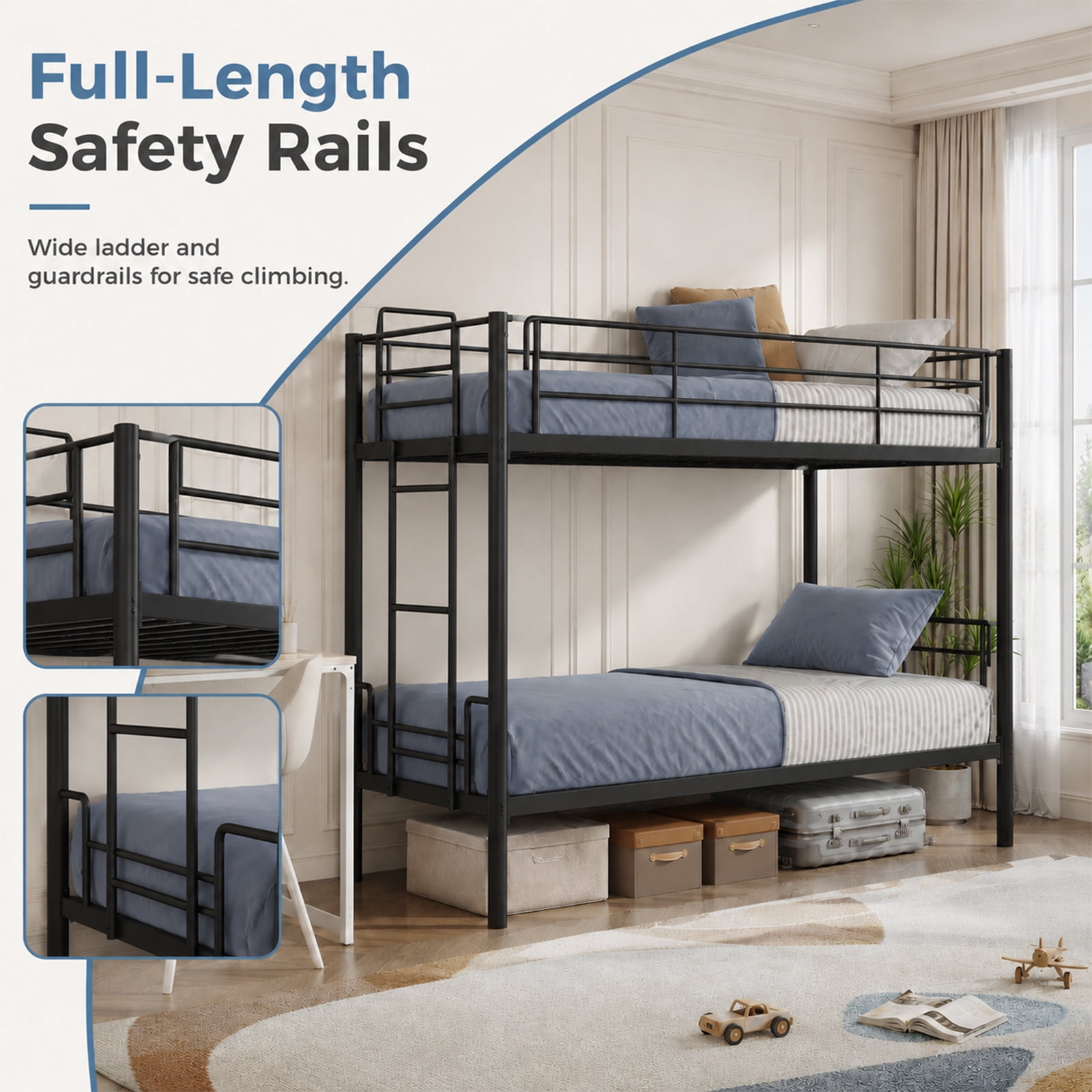 Alvantor Metal Bunk Bed Twin Over Twin with Ladder and Guardrail, 400lb Heavy Frame, Easy Assembly, Steel Bed for School, Bedroom