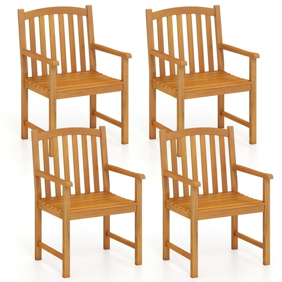 Gymax 4PCS Outdoor Dining Chairs Acacia Wood Slatted Patio Chairs w/ Inclined Backrest