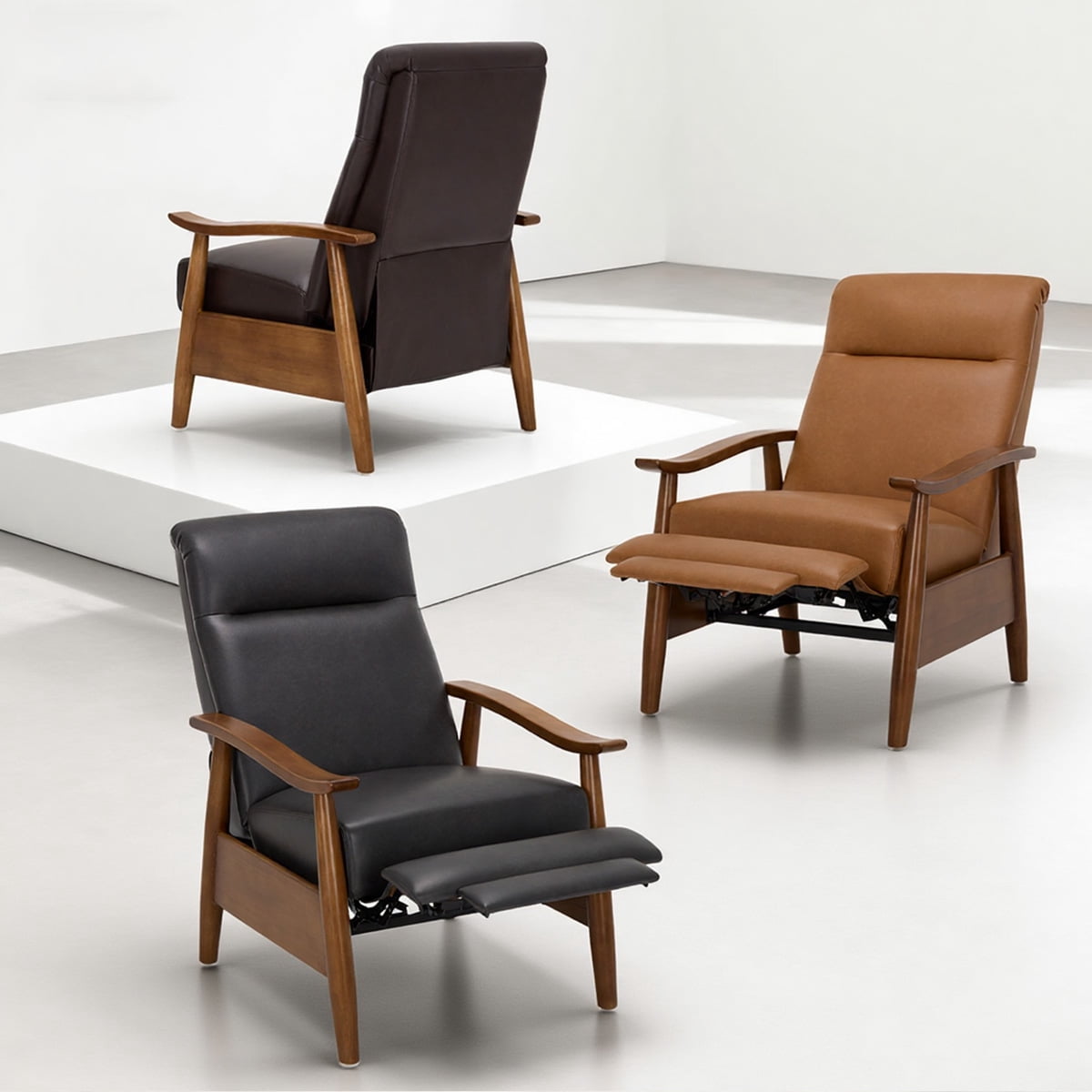 AFO Mid Century Modern Recliner Chair Set of 2, Leather Push Back Armchair with Retractable Footrest, Solid Wood Legs, High Back Lounge Chair for Living Room, Black