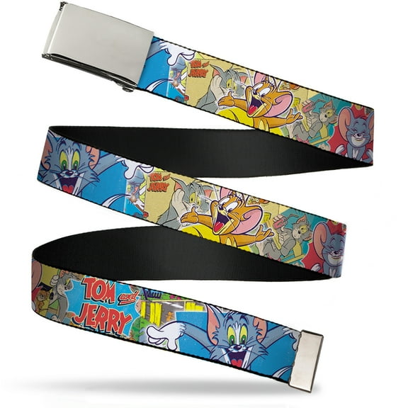Adjustable Belt, Clamp Buckle, Cut-to-Fit, Tom Jerry Faces Stacked Scene Panels